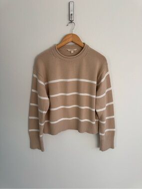 Size L BRIT .NY 100% Cotton Beige & White Striped Crewneck Sweater